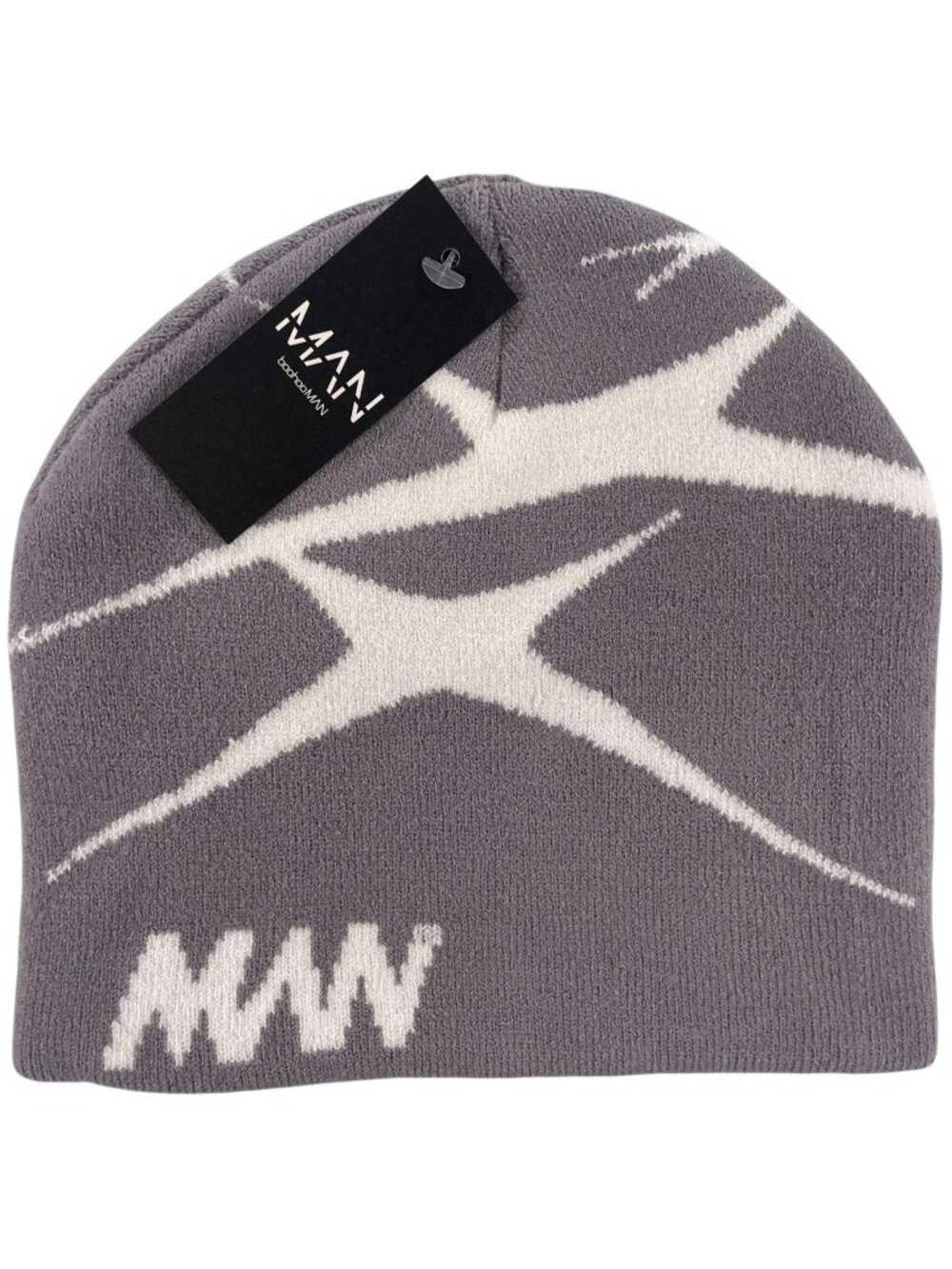 BoohooMAN Star Knitted Streetwear Beanie Grey Casual One Size Winter Hat NEW